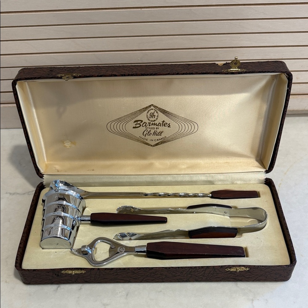 Glo Hill MCM Barmates Bar Tools Set‎ Of 4 Boxed Bakelite Handles Vintage 1960s